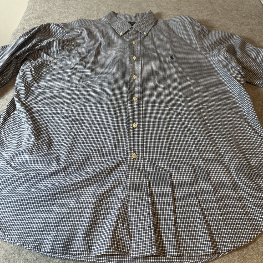 Ralph Lauren Mens XL Gingham Button Down Shirt Blue Navy Cotton Long Sleeve Logo